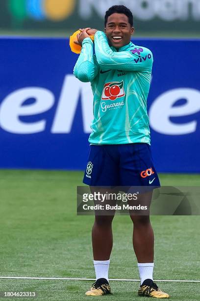 Endrick gestures during a training session of the Brazilian national football team at the squad's Granja Comary training complex on Novermber 20,...