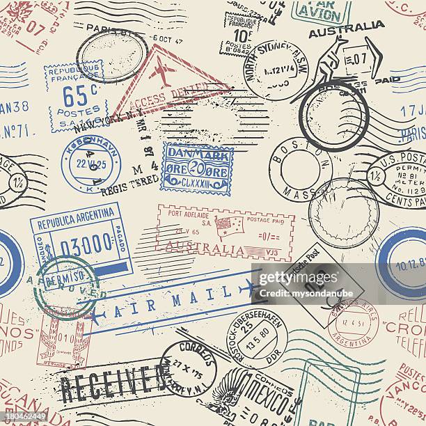 stockillustraties, clipart, cartoons en iconen met seamless vector postage stamps wallpaper - travelling