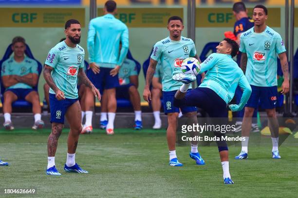 Raphinha controls the ball during a training session of the Brazilian national football team at the squad's Granja Comary training complex on...