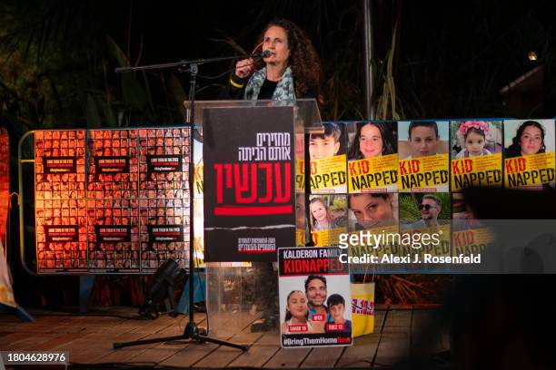 Eden Kalderon speaks during a demonstration outside the UNICEF headquarters to protest their silence to 40 children held hostage in Gaza on World’s...