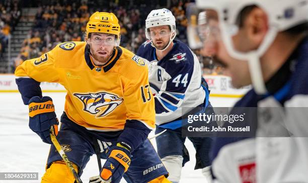 Yakov Trenin of the Nashville Predators skates against the Winnipeg Jets during an NHL game at Bridgestone Arena on November 26, 2023 in Nashville,...