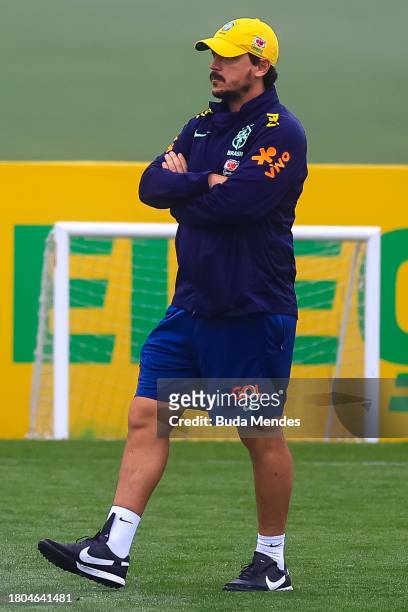 Head coach Fernando Diniz looks on during a training session of the Brazilian national football team at the squad's Granja Comary training complex on...