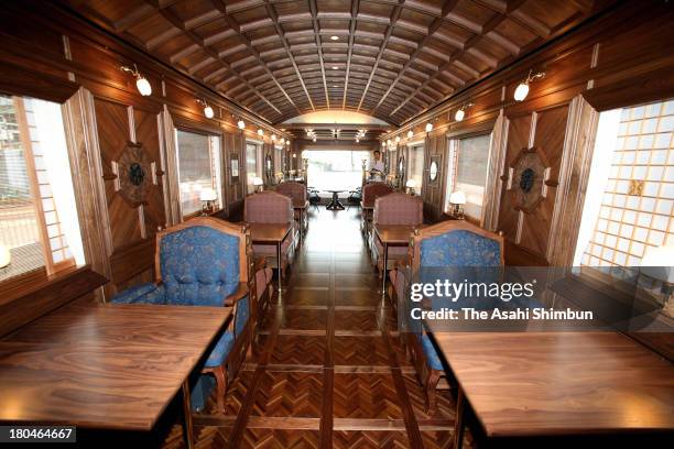 Lounge car of JR Kyushu's 'Nanatsuboshi ' is displayed during a press preview on September 13, 2013 in Kitakyushu, Fukuoka, Japan. A three-night,...