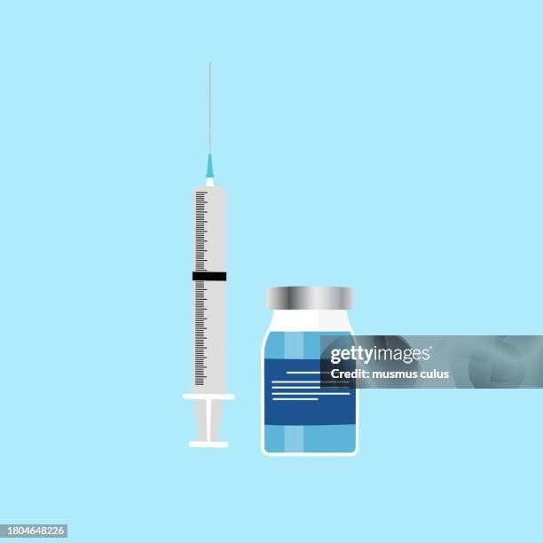 medicine bottle and syringe, insulin hormone, vaccine liquid - insulin stock illustrations