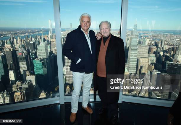 John O'Hurley and David Frei light the Empire State Building in honor of the National Dog Show at The Empire State Building on November 20, 2023 in...