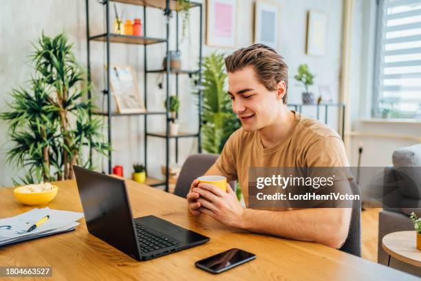 male student attending online class - attending webinar stock pictures, royalty-free photos & images