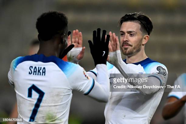Jack Grealish of England celebrates after scoring a goal which is later disallowed by VAR for offside during the UEFA EURO 2024 European qualifier...