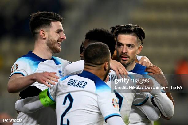 Jack Grealish of England celebrates after scoring a goal which is later disallowed by VAR for offside during the UEFA EURO 2024 European qualifier...