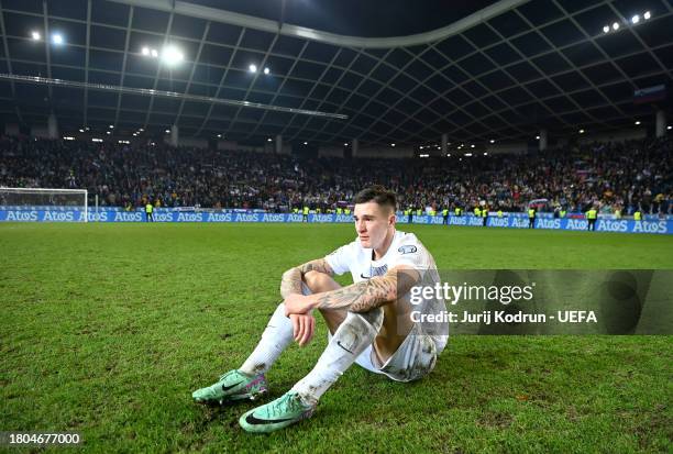 Benjamin Sesko of Slovenia looks emotional after the team's victory in the UEFA EURO 2024 European qualifier match between Slovenia and Kazakhstan at...