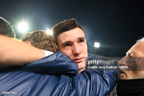 Benjamin Sesko of Slovenia looks emotional after the team's victory in the UEFA EURO 2024 European qualifier match between Slovenia and Kazakhstan at...