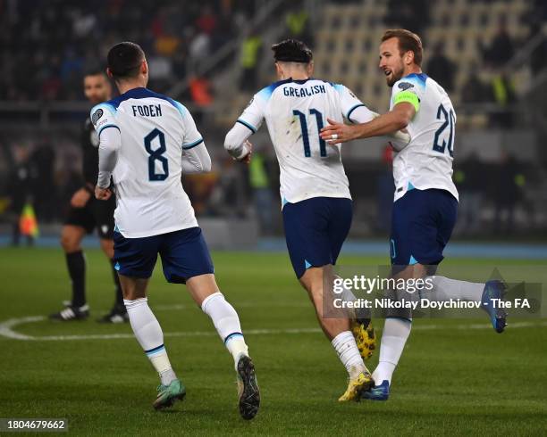 Harry Kane of England celebrates after scoring the team's first goal during the UEFA EURO 2024 European qualifier match between North Macedonia and...