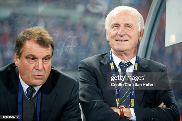 Ireland coach Giovanni Trapattoni is seen prior to the FIFA World Cup 2014 Group C qualification match between Austria and the Republic of Ireland at...