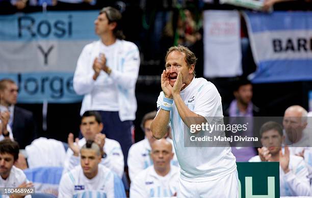 Team captain Martin Jaite of Argentina shouts during day one of the Davis Cup semifinal match between Czech Republic and Argentina at O2 Arena on...