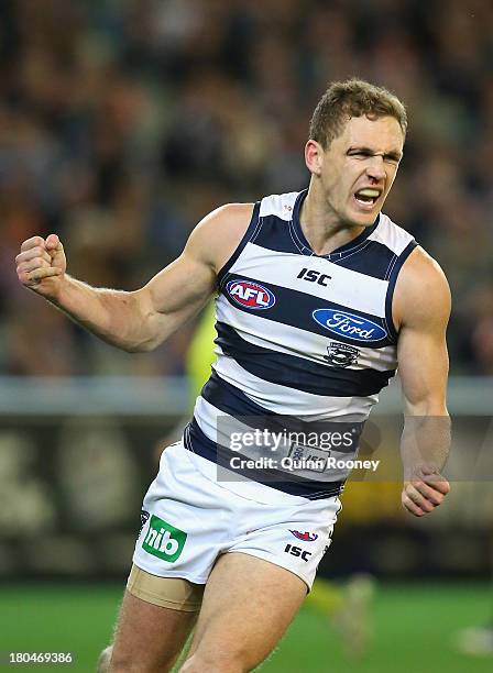 Joel Selwood of the Cats celebrates kicking a goal during the Second Semi Final match between the Geelong Cats and the Port Adelaide Power at...