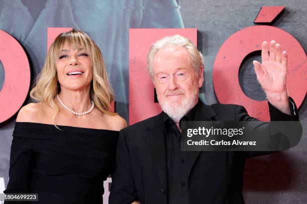 Director Ridley Scott and Giannina Facio attend the "Napoleon" premiere at the El Prado Museum on November 20, 2023 in Madrid, Spain.