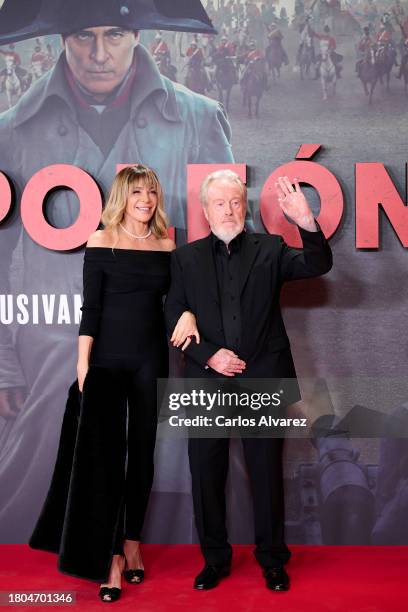 Director Ridley Scott and Giannina Facio attend the "Napoleon" premiere at the El Prado Museum on November 20, 2023 in Madrid, Spain.