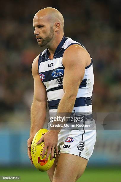 Paul Chapman of the Cats kicks during the Second Semi Final match between the Geelong Cats and the Port Adelaide Power at Melbourne Cricket Ground on...
