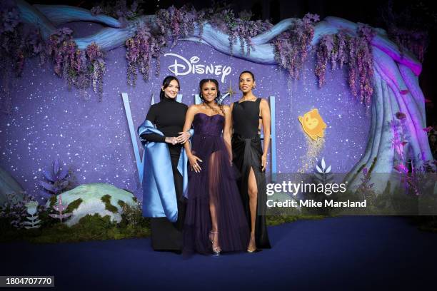 Julia Michaels, Ariana DeBose and Rochelle Humes attend the "Wish" UK Premiere at Odeon Luxe Leicester Square on November 20, 2023 in London, England.