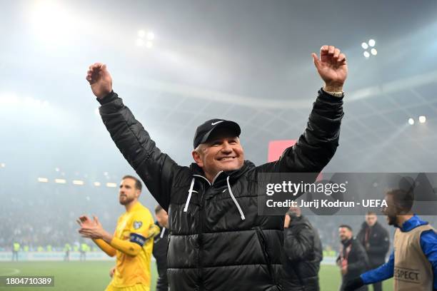 Matjaz Kek, Head Coach of Slovenia, celebrates after the team's victory in the UEFA EURO 2024 European qualifier match between Slovenia and...