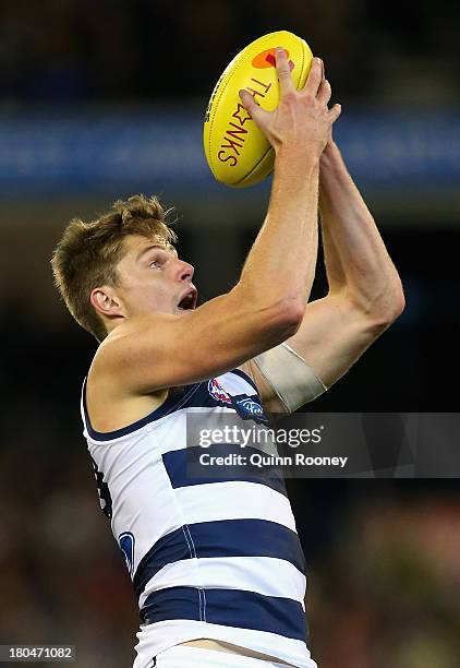 Nathan Vardy of the Cats marks during the Second Semi Final match between the Geelong Cats and the Port Adelaide Power at Melbourne Cricket Ground on...