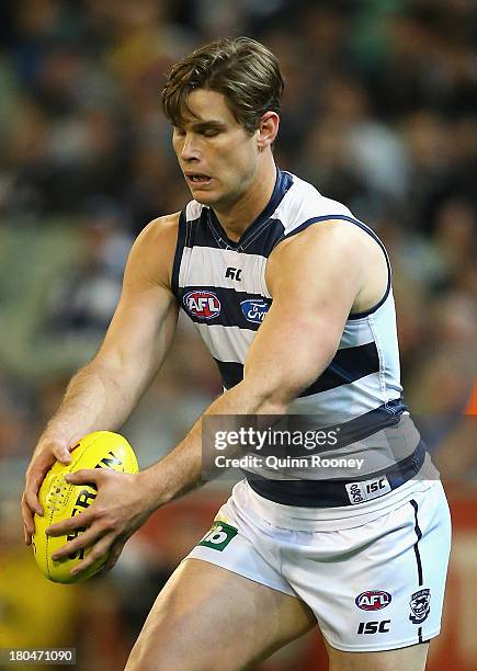 Tom Hawkins of the Cats kicks during the Second Semi Final match between the Geelong Cats and the Port Adelaide Power at Melbourne Cricket Ground on...