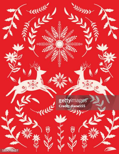 赤い民芸品のクリスマスカード - トナカイ - hand drawn christmas card with reindeer点のイラスト素材／クリップア�ート素材／マンガ素材／アイコン素材