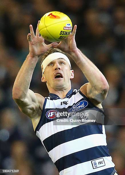 Joel Selwood of the Cats marks during the Second Semi Final match between the Geelong Cats and the Port Adelaide Power at Melbourne Cricket Ground on...