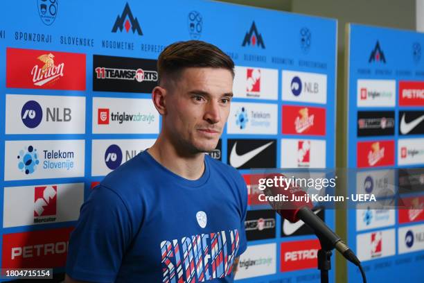 Benjamin Verbic of Slovenia speaks to the media in the flash interview after the team's victory in the UEFA EURO 2024 European qualifier match...