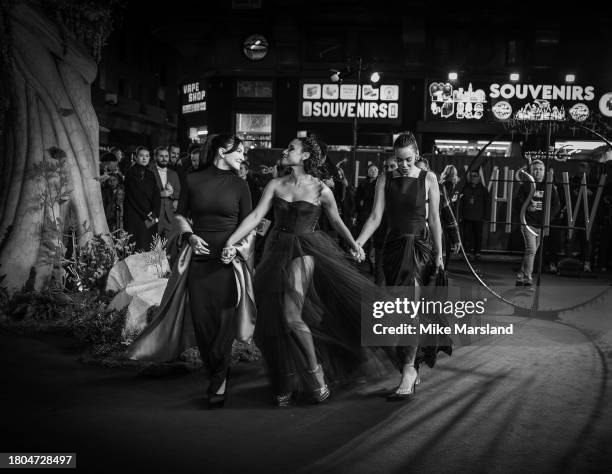 Julia Michaels, Ariana DeBose and Rochelle Humes attend the "Wish" UK Premiere at Odeon Luxe Leicester Square on November 20, 2023 in London, England.