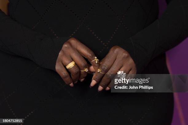 Danielle Brooks, ring detail, attends "The Color Purple" special screening at Vue West End on November 20, 2023 in London, England.