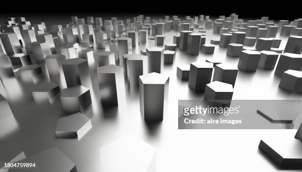 front view of some hexagonal cube pillars on a gray background 3d rendered image - black cube stock pictures, royalty-free photos & images
