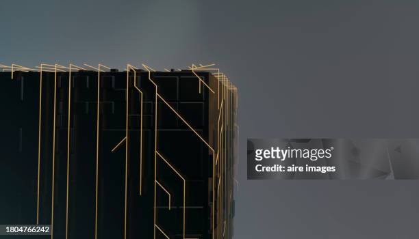side view of the corner of a futuristic cube with light effects in a 3d rendered image on a black background - black cube stock pictures, royalty-free photos & images