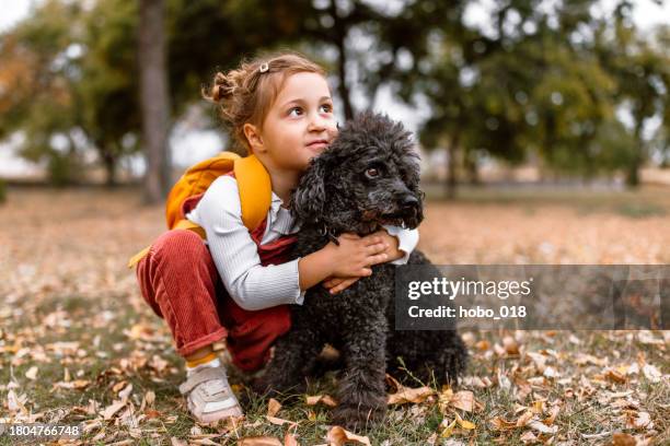 cute little girl hugging her dog in park - toddler stock pictures, royalty-free photos & images