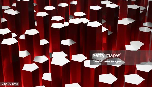 hexagonal cube pillars in a 3d rendered image of red colors in the background, front view - maroon swirl stock pictures, royalty-free photos & images