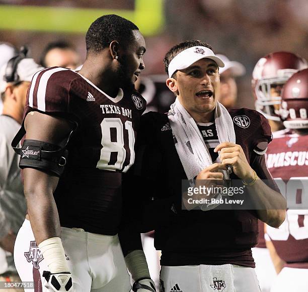 Johnny Manziel of the Texas A&M Aggies on the sidelines during the fourth quarter against the Sam Houston State Bearkats at Kyle Field on September...
