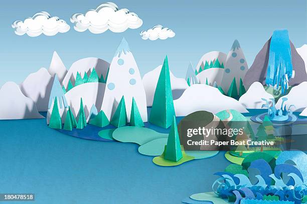 paper craft mountains and sea landscape - digitaal samengesteld beeld stockfoto's en -beelden