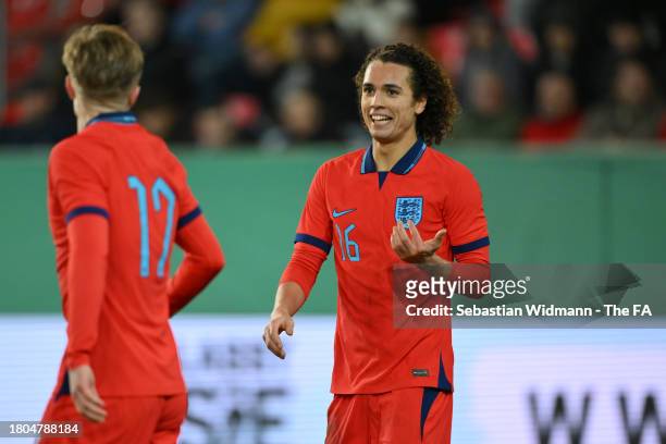 Charlie Webster of U20 England celebrates with team mate Sam Bell after scoring his team's third goal during the U20 International Friendly match...