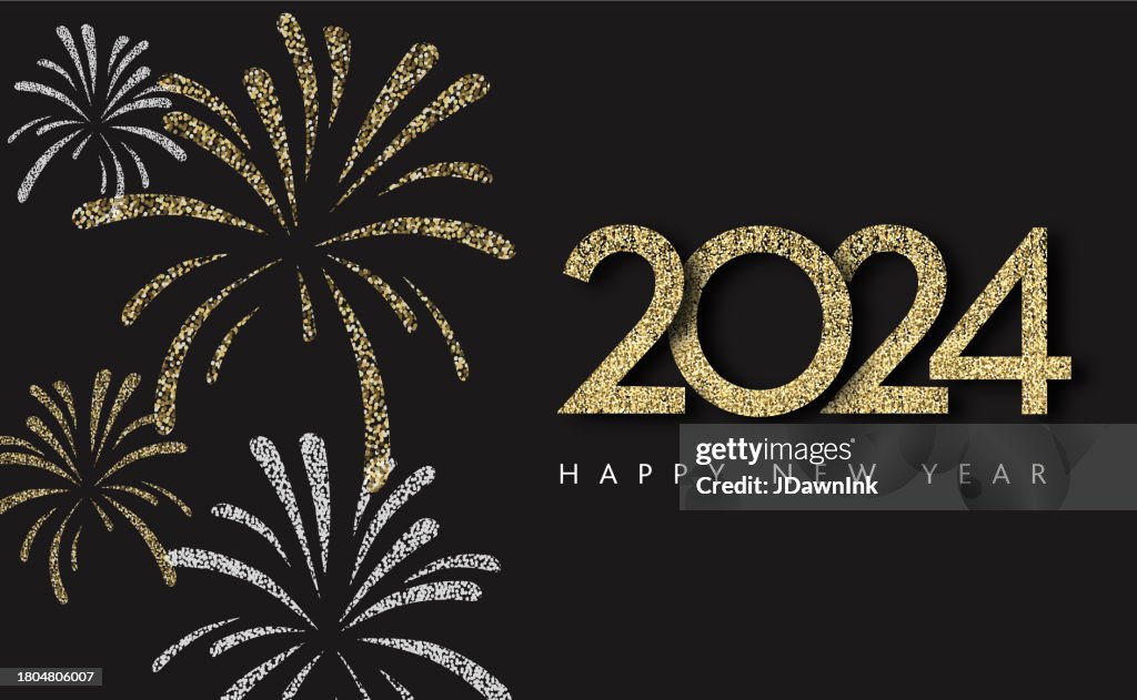 2024 Felice Anno Nuovo Modello di design astratto elegante color oro lucido su colore nero