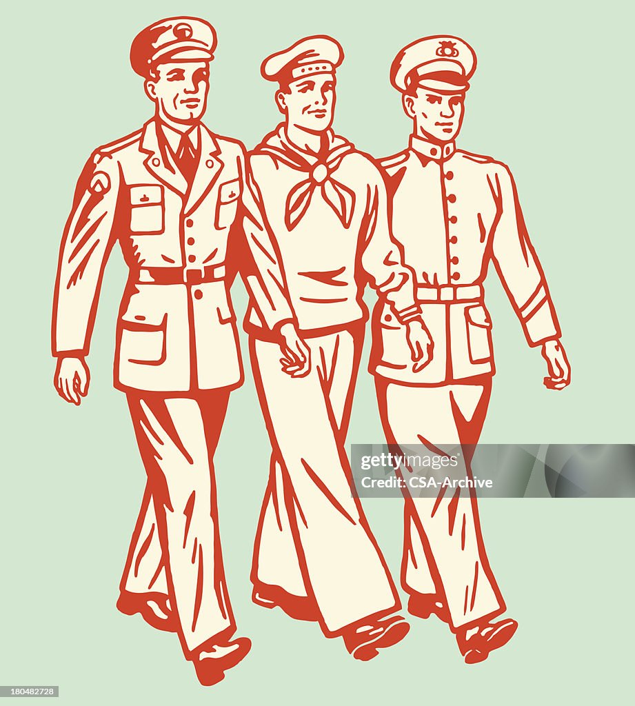 Cartoon Of Three Military Men Walking On Pale Background High-Res Vector  Graphic - Getty Images