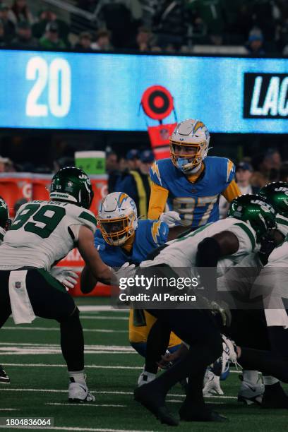 Linebacker Amen Ogbongbemiga of the Los Angeles Chargers follows the actigon in the game between the Los Angeles Chargers vs the New York Jets at...