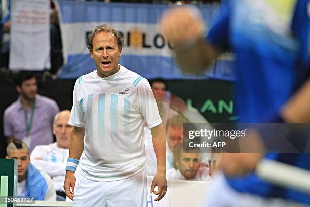 Argentina's captain Martin Jaite reacts during the first tennis match at the Davis Cup semi-finals Argentina vs Czech Republic on September 13, 2013...