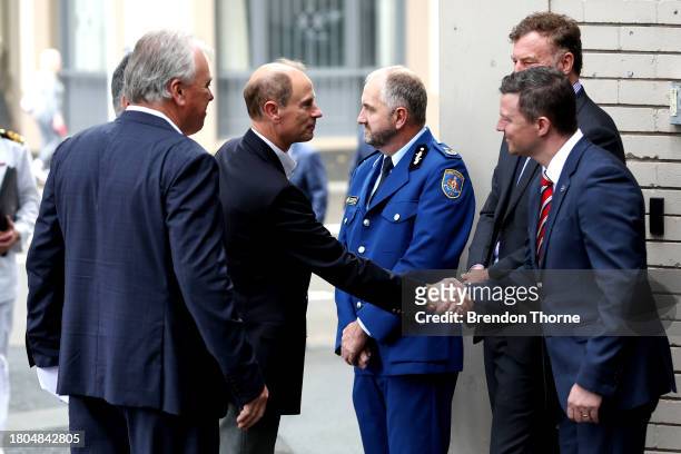 Prince Edward Duke of Edinburgh shakes hands with Ben Hobby, PCYC NSW CEO at PCYC City of Sydney-Woolloomooloo on November 21, 2023 in Sydney,...