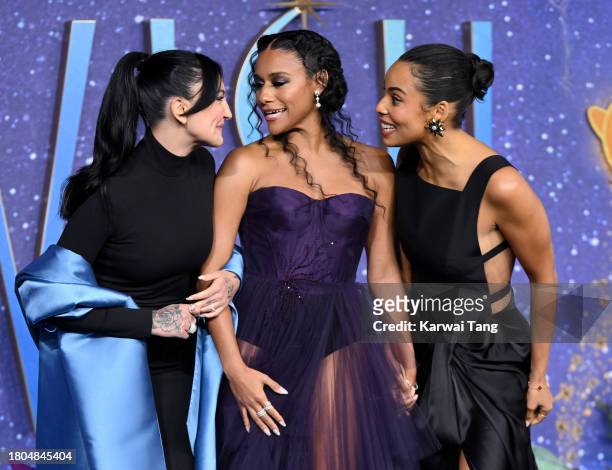 Julia Michaels, Ariana Debose and Rochelle Humes attend the "Wish" UK Premiere at Odeon Luxe Leicester Square on November 20, 2023 in London, England.