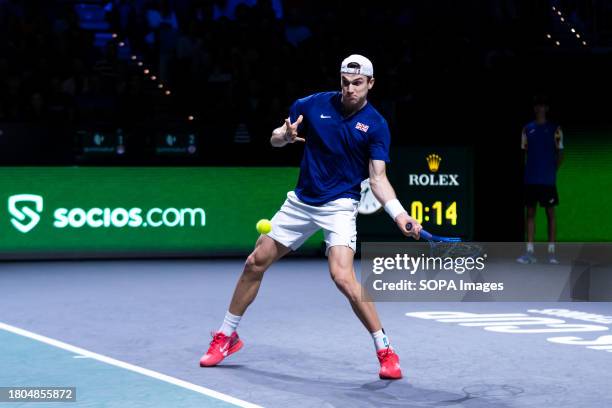 Jack Draper of Great Britain is seen in action against Miomir Kecmanovic during the quarter final match of Davis Cup between Serbia and Great Britain...