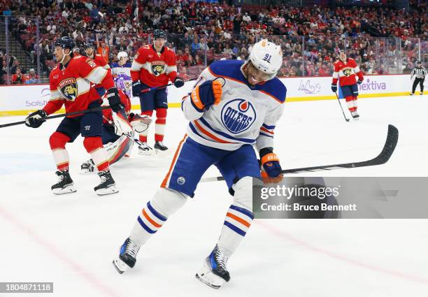 Evander Kane of the Edmonton Oilers scores a first period goal against the Florida Panthers at Amerant Bank Arena on November 20, 2023 in Sunrise,...