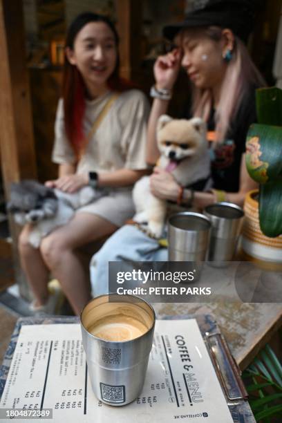 This picture taken on November 2 shows pet groomer Lucine Mo having a coffee in a thermal mug with a QR code at a coffee shop in Hong Kong. Unlike...