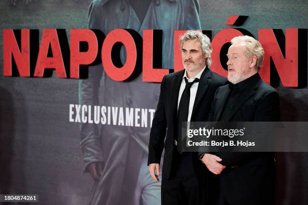 Actor Joaquin Phoenix and director Ridley Scott attend the "Napoleon" premiere at the El Prado Museum on November 20, 2023 in Madrid, Spain.