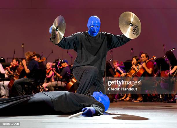In this handout photo provided by the Blue Man Group, the Blue Man Group performs their all new energy-infused show at the Hollywood Bowl on...