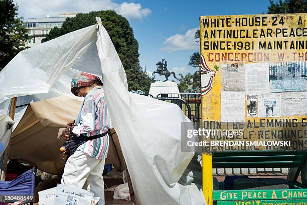 Connie Picciotto at her protest site on the edge of Lafayette Square across from the White House September 13, 2013 in Washington, DC. Picciotto has...