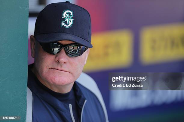 Manager Eric Wedge of the Seattle Mariners looks on prior to a game against the Kansas City Royals at Kauffman Stadium on September 5, 2013 in Kansas...